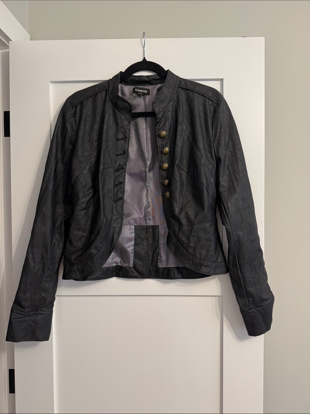 bebe Black Cropped Military-Style Leather Jacket with Brass Buttons